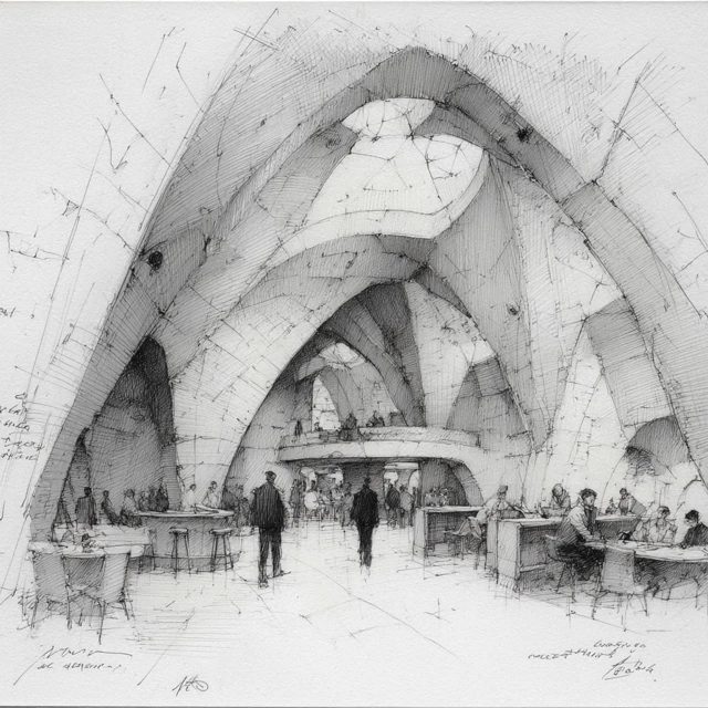 Architectural Office Interior Sketch by Gaudi Libeskind Hadid